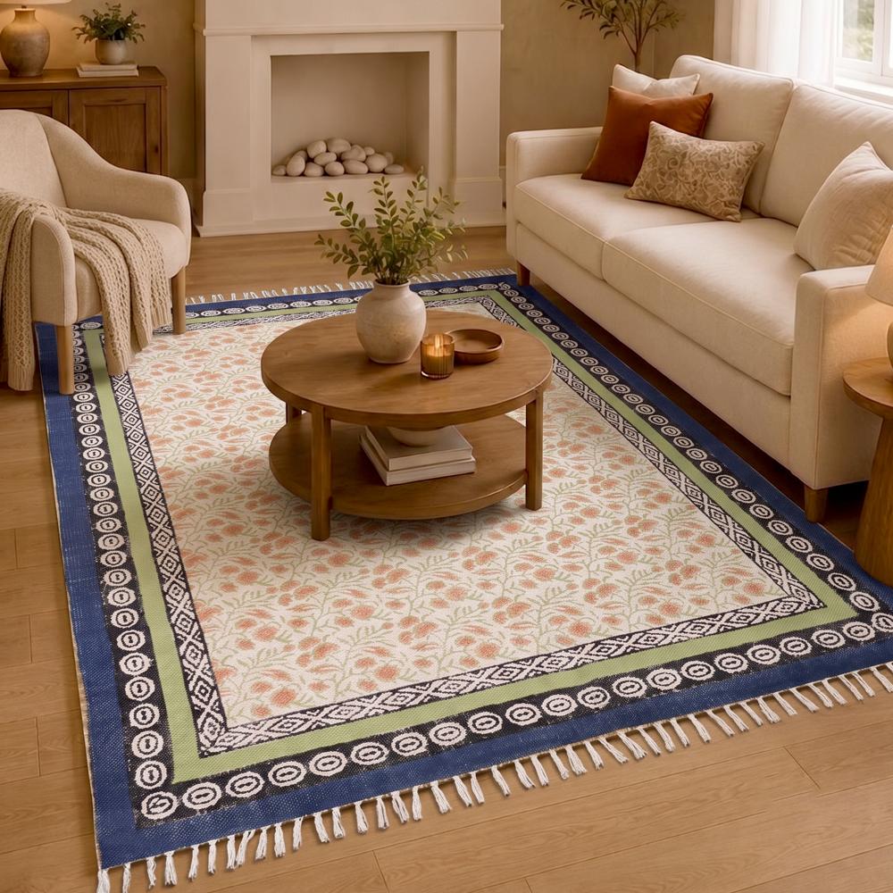 Cotton Floral Rugs Hand Block Printed Handmade Rugs for Home Decor