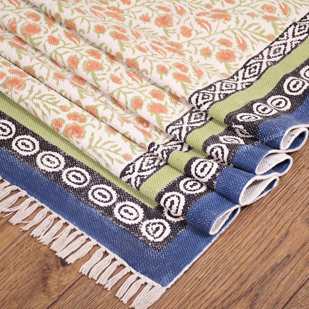 Cotton Floral Rugs Hand Block Printed Handmade Rugs for Home Decor