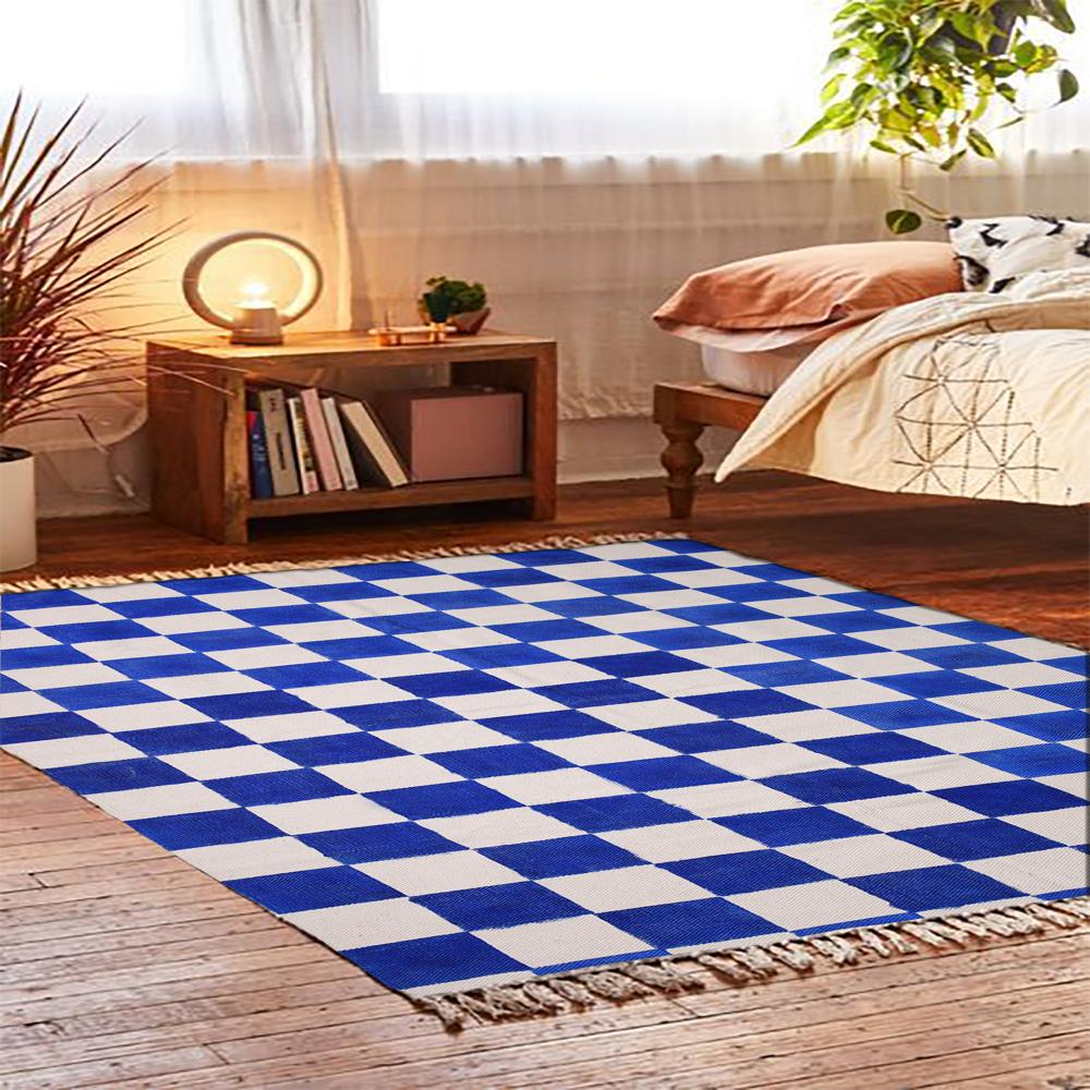 Cotton Checked Area Rug Hand Block Printed Handmade Rug For Living Room - Color: Green
