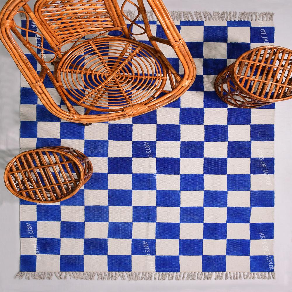 Cotton Checked Area Rug Hand Block Printed Handmade Rug For Living Room