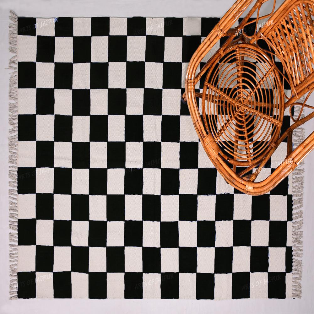 Cotton Checked Area Rug Hand Block Printed Handmade Rug For Living Room