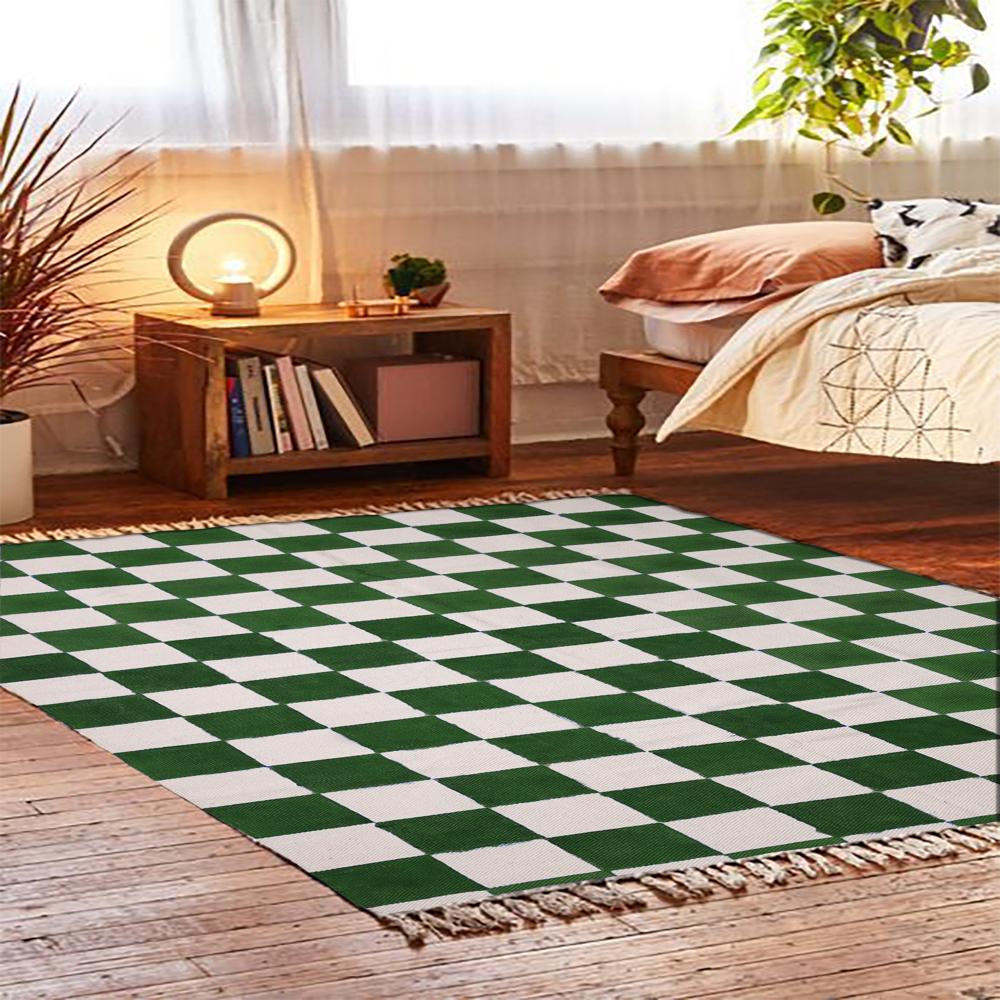 Cotton Checked Area Rug Hand Block Printed Handmade Rug For Living Room