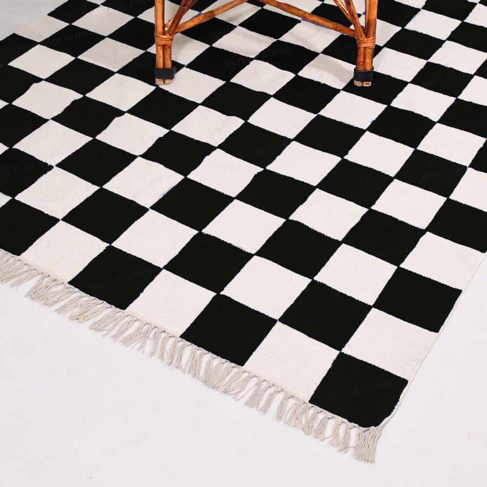 Cotton Checked Area Rug Hand Block Printed Handmade Rug For Living Room