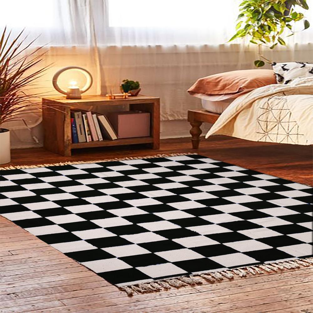 Cotton Checked Area Rug Hand Block Printed Handmade Rug For Living Room
