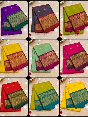 Two Tone Kalyani Border Silk Cotton Saree - Color: Multi / 9 Colours Available - Same As Image