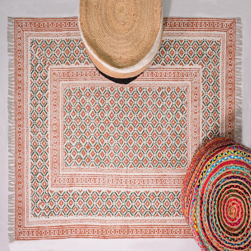 Orange Green Cotton Block Printed Rug Handmade Washable Area Rug Flat Weave Dhurrie Rug - Pile Height: Low Millimeter (Mm)