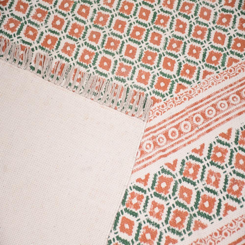Orange Green Cotton Block Printed Rug Handmade Washable Area Rug Flat Weave Dhurrie Rug