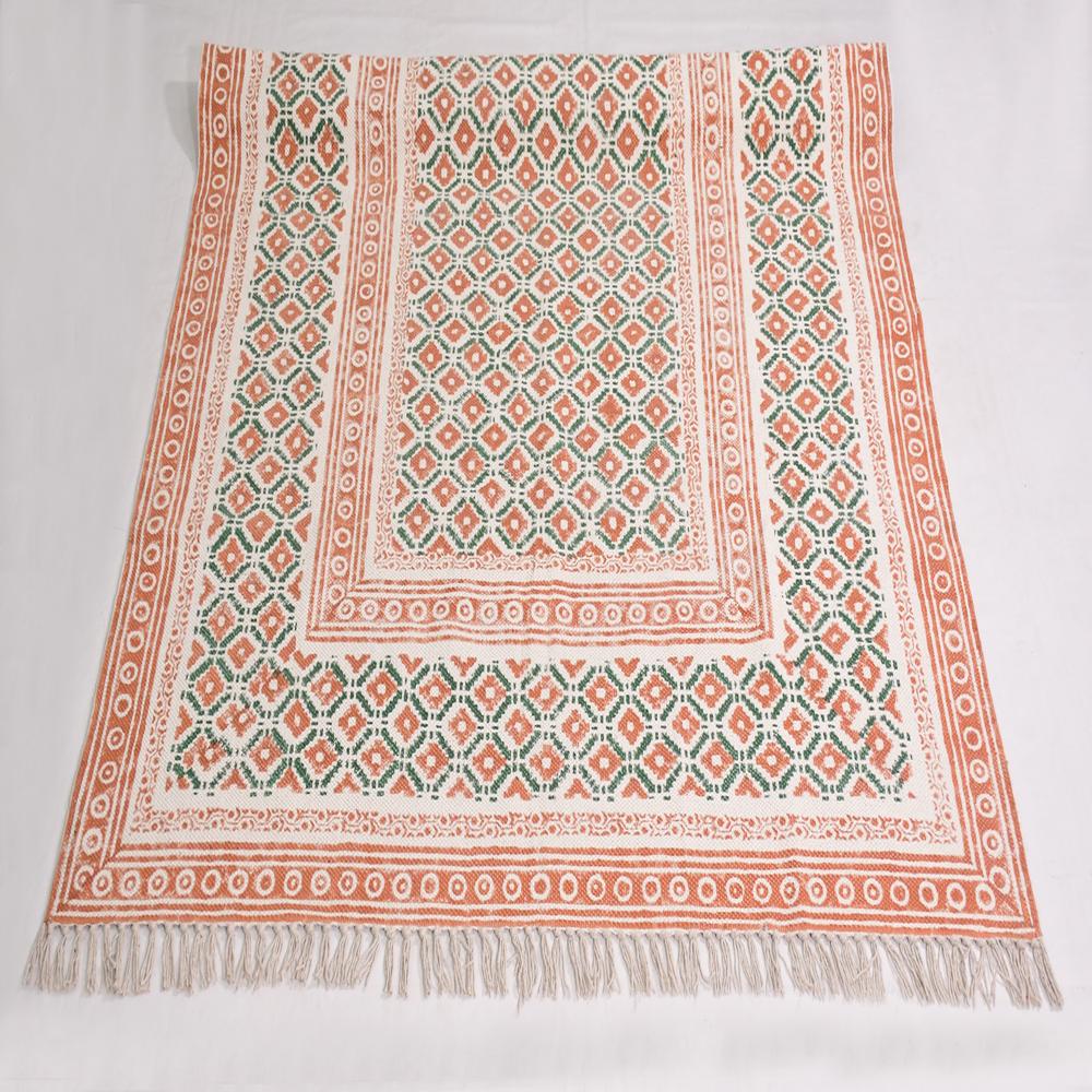 Orange Green Cotton Block Printed Rug Handmade Washable Area Rug Flat Weave Dhurrie Rug