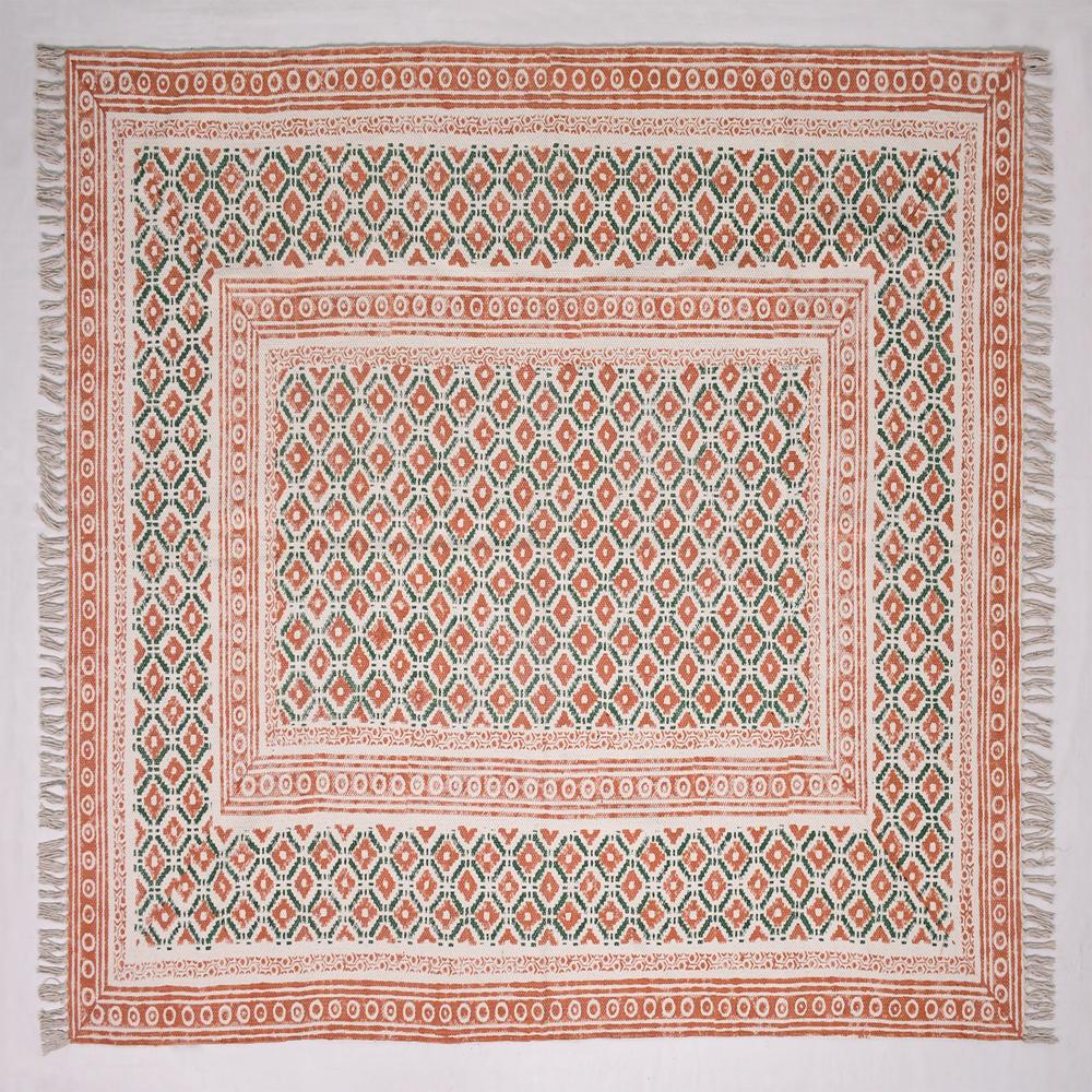 Orange Green Cotton Block Printed Rug Handmade Washable Area Rug Flat Weave Dhurrie Rug