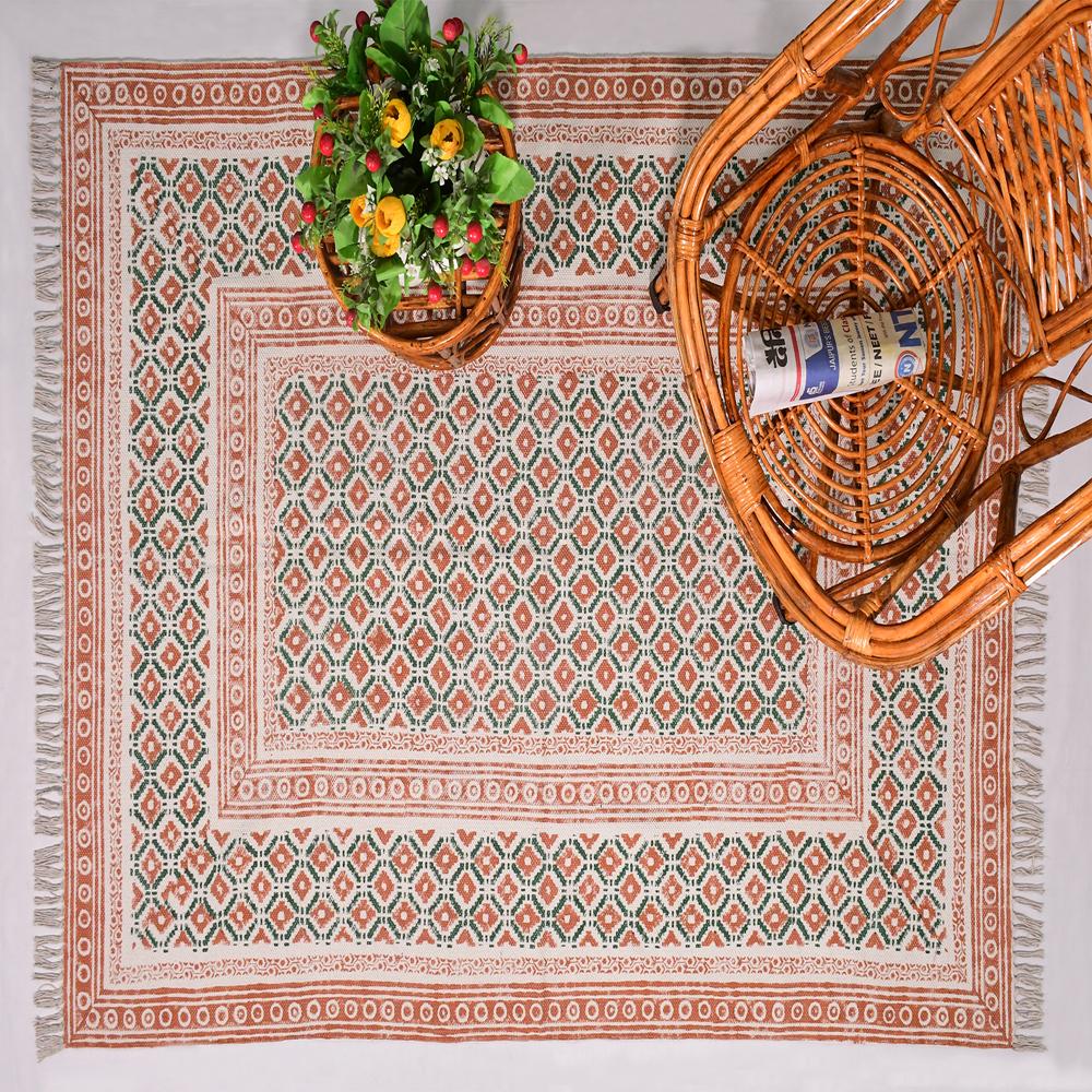 Orange Green Cotton Block Printed Rug Handmade Washable Area Rug Flat Weave Dhurrie Rug