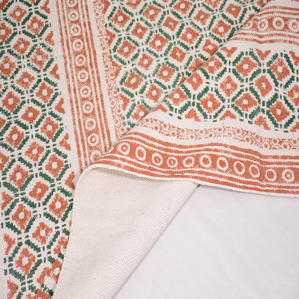 Orange Green Cotton Block Printed Rug Handmade Washable Area Rug Flat Weave Dhurrie Rug