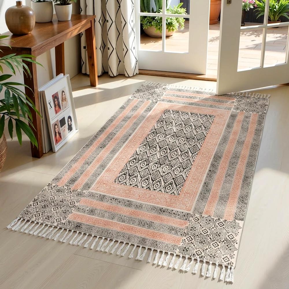 Geometric Cotton Rug Handmade Washable Area Rug Block Printed Flat Weave Rug - Color: Orange Black Gray