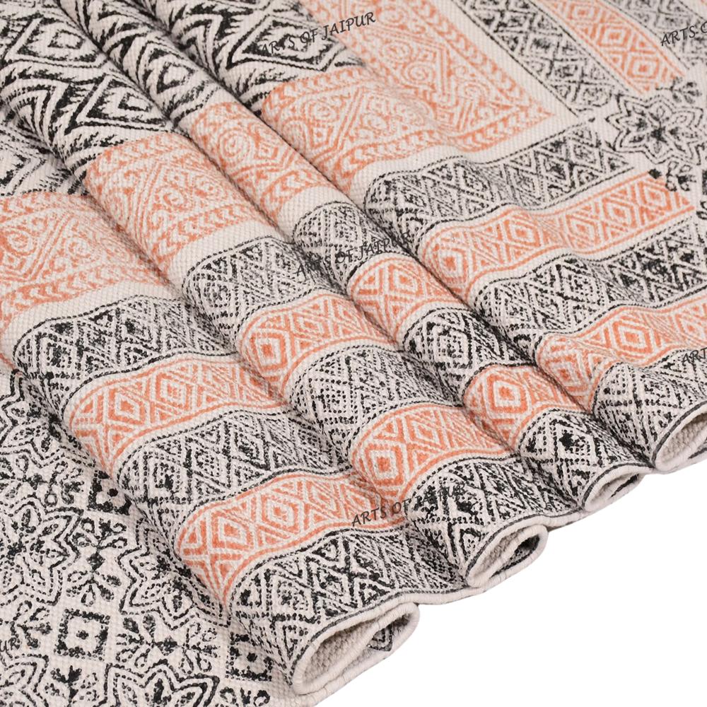 Geometric Cotton Rug Handmade Washable Area Rug Block Printed Flat Weave Rug