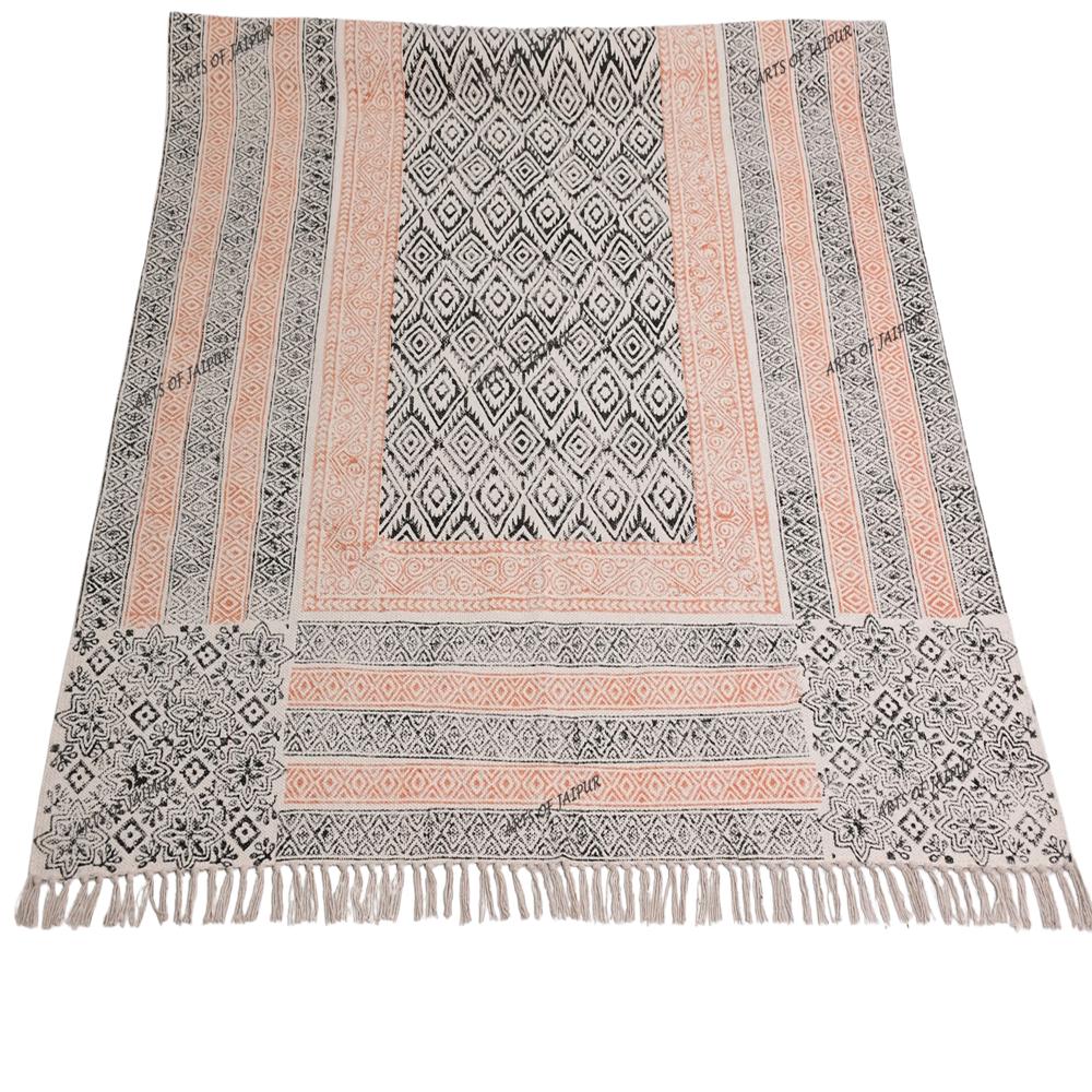 Geometric Cotton Rug Handmade Washable Area Rug Block Printed Flat Weave Rug