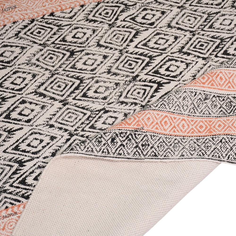 Geometric Cotton Rug Handmade Washable Area Rug Block Printed Flat Weave Rug