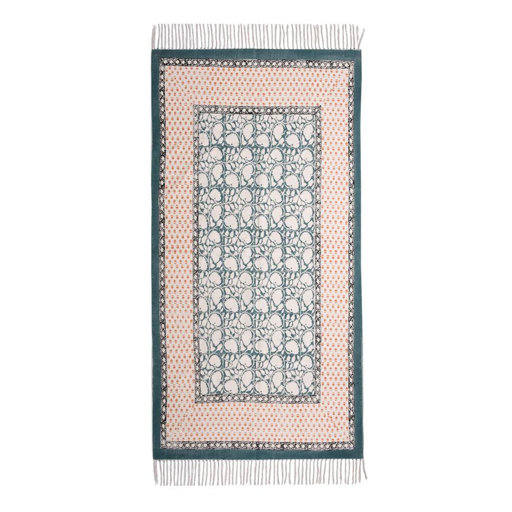 Living Room Cotton Rug Geometric Handmade Washable Area Rug For Bedroom Block Printed Flat Weave - Color: Mint Blue Orange Black
