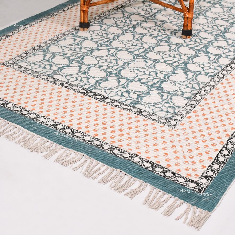 Living Room Cotton Rug Geometric Handmade Washable Area Rug for Bedroom Block Printed Flat Weave