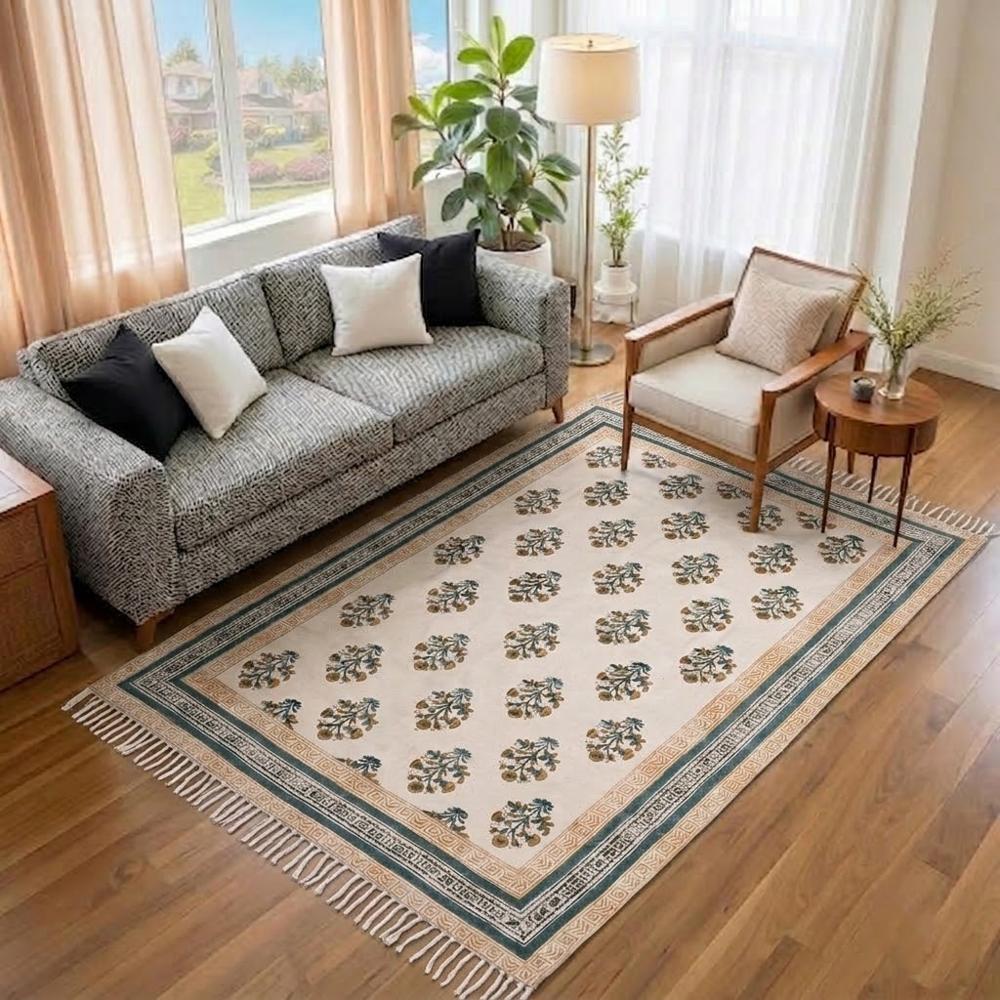 Bedroom Rug Bedside Cotton Rug Handmade Washable Area Rug For Living Room Block Printed Flat Weave - Color: Green