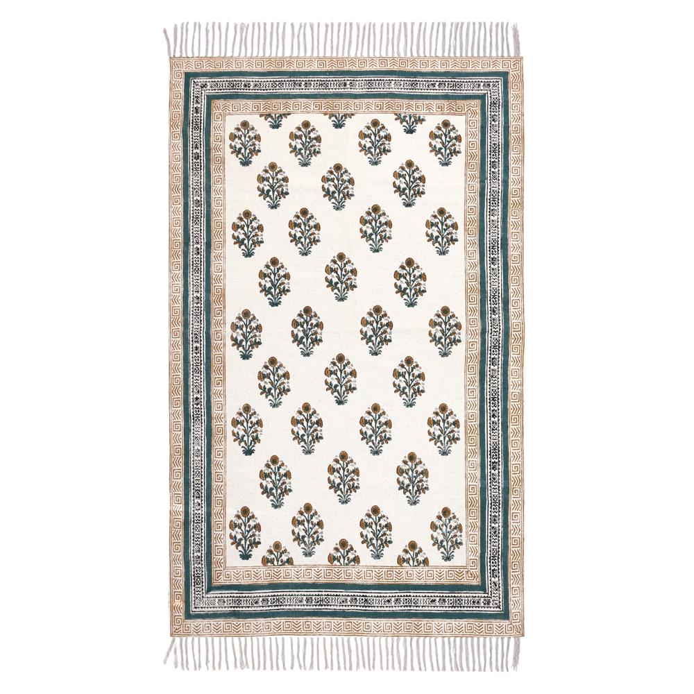 Bedroom Rug Bedside Cotton Rug Handmade Washable Area Rug for Living Room Block Printed Flat Weave