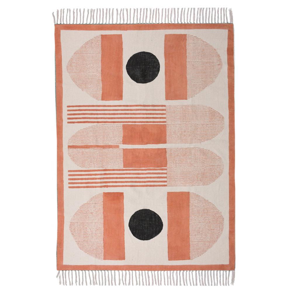 Modern Cotton Rug Handmade Washable Area Rug For Living Room Bedroom Block Printed Flat Weave - Color: Orange Black