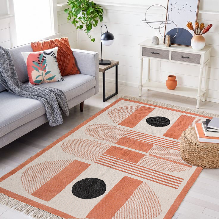 Modern Cotton Rug Handmade Washable Area Rug for Living Room Bedroom Block Printed Flat Weave