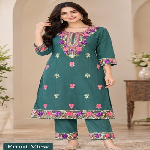 Elegant Teal Floral Embroidered Kurta Pant Set - Bust Size: 40