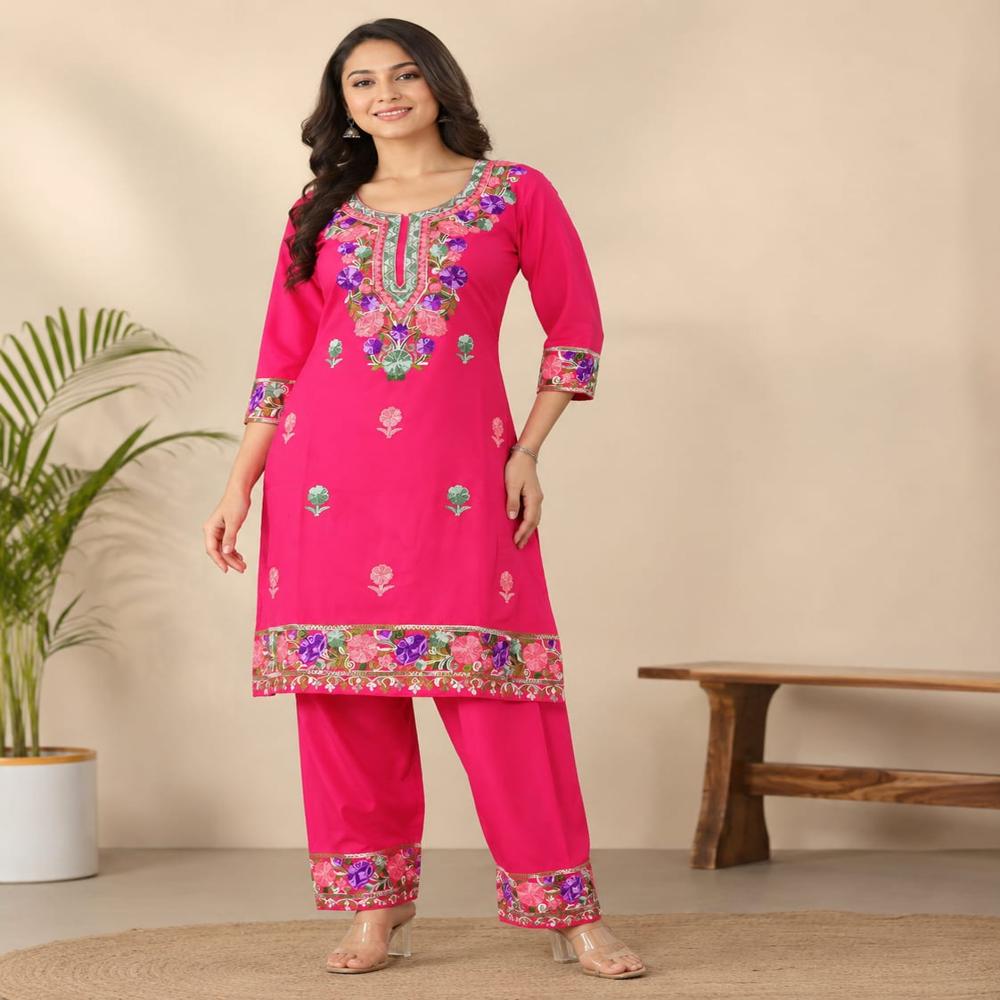 Vibrant Pink Floral Embroidered Kurta Pant Set