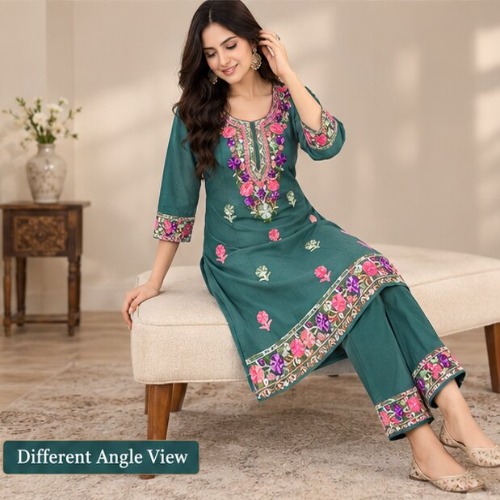Elegant Teal Floral Embroidered Kurta Pant Set