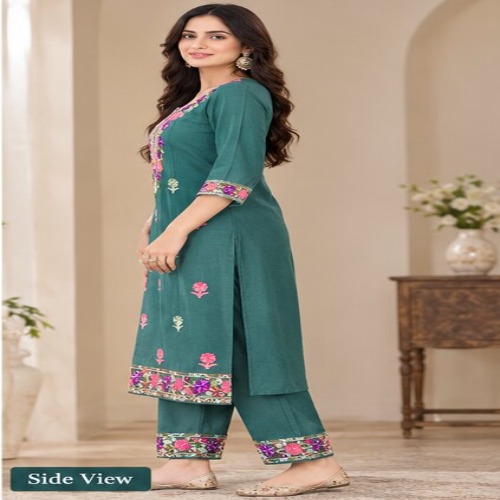 Elegant Teal Floral Embroidered Kurta Pant Set