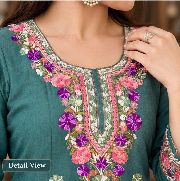 Elegant Teal Floral Embroidered Kurta Pant Set