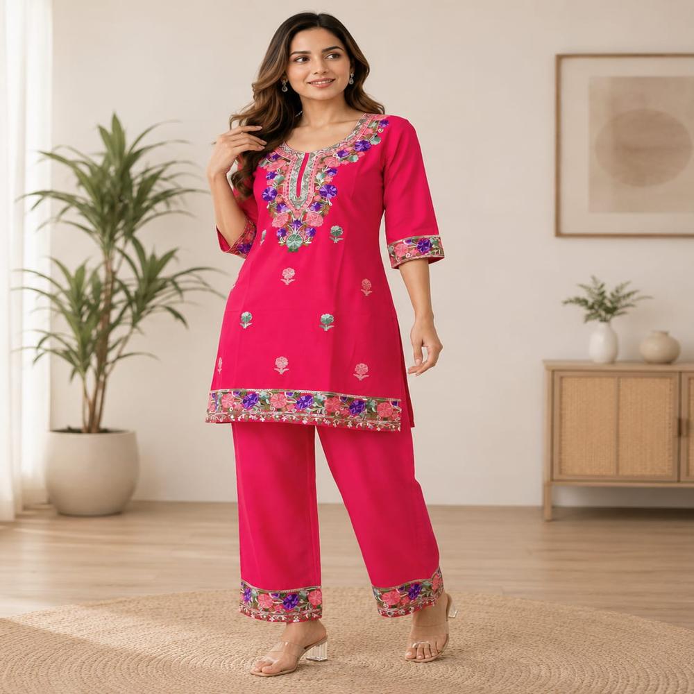 Vibrant Pink Floral Embroidered Kurta Pant Set
