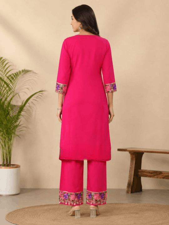 Vibrant Pink Floral Embroidered Kurta Pant Set