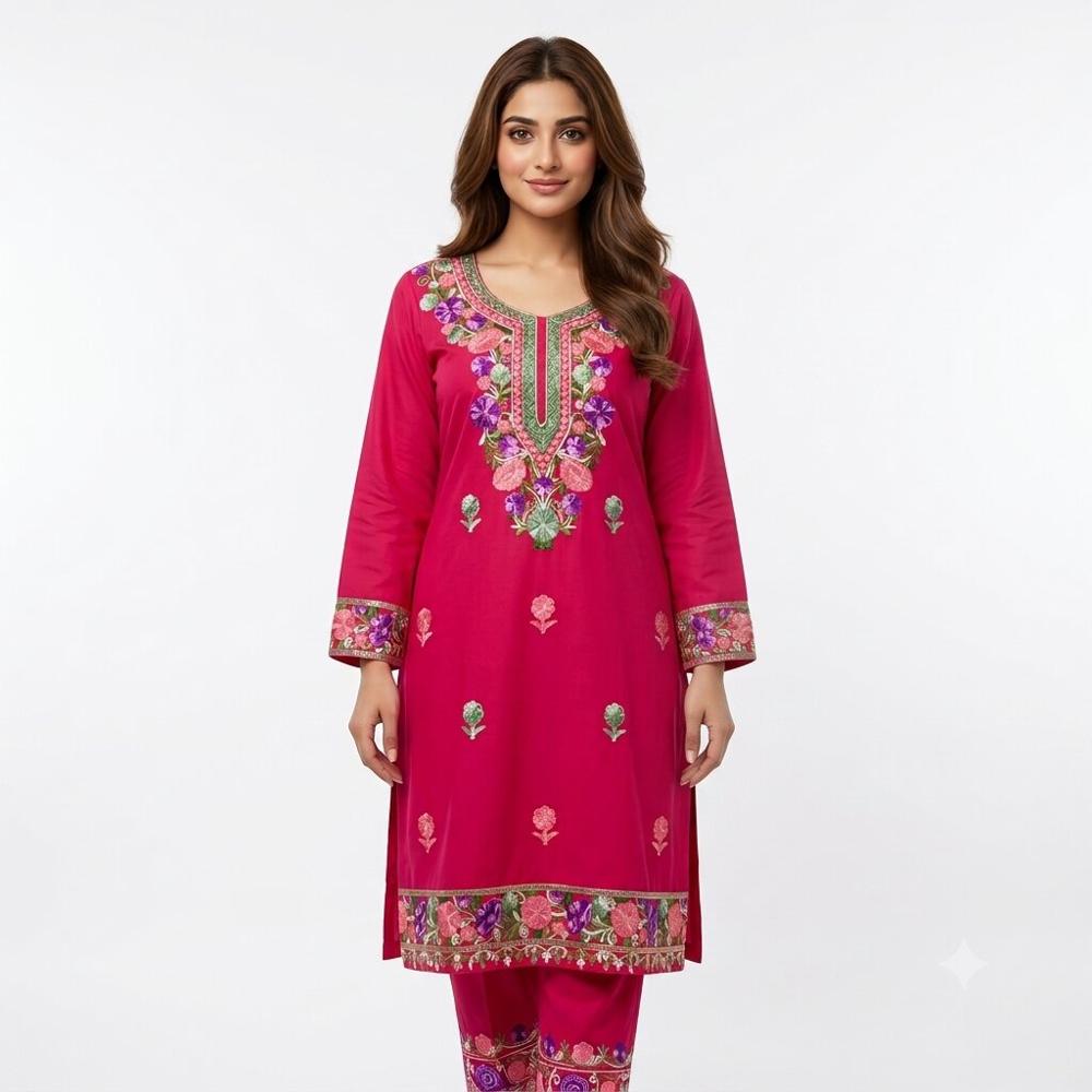 Vibrant Pink Floral Embroidered Kurta Pant Set