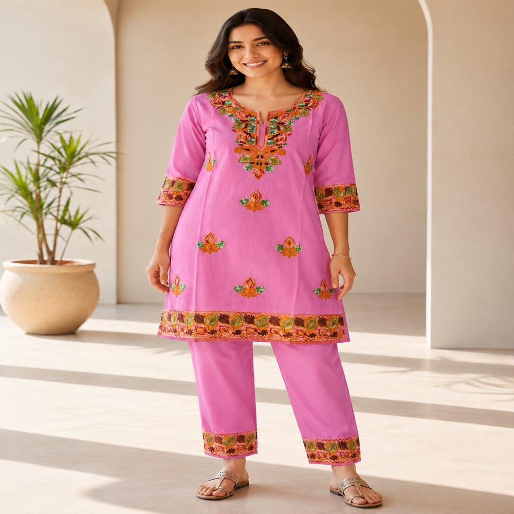 Pretty Pink Floral Embroidered Kurta Pant Set - Bust Size: 40