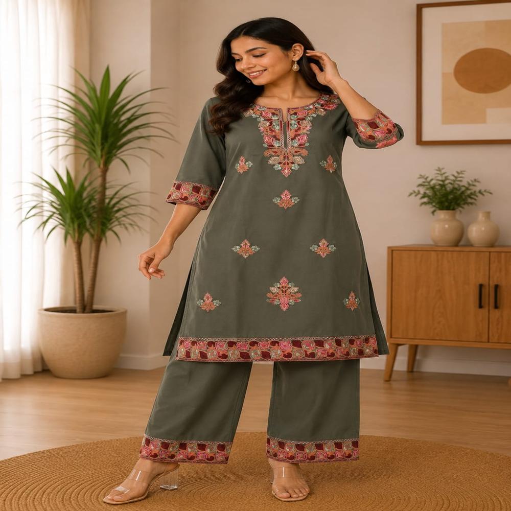 Olive Green Floral Embroidered Kurta Pant Set - Bust Size: 40