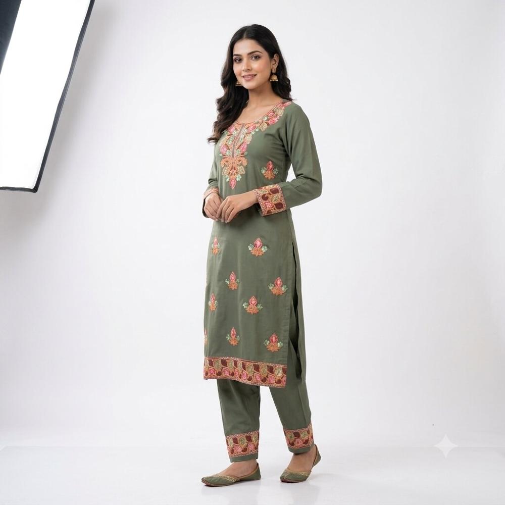 Olive Green Floral Embroidered Kurta Pant Set