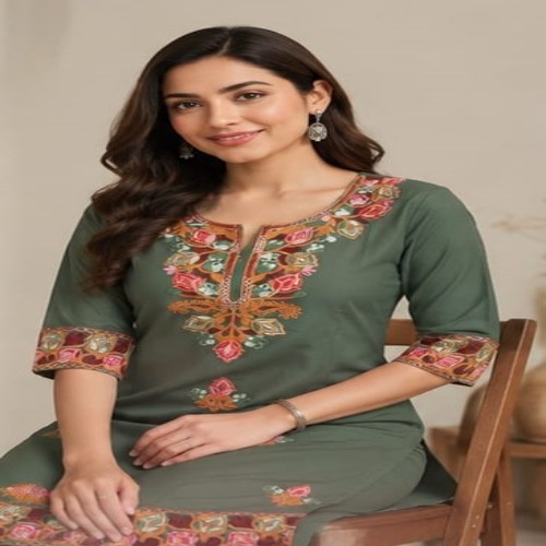 Olive Green Floral Embroidered Kurta Pant Set