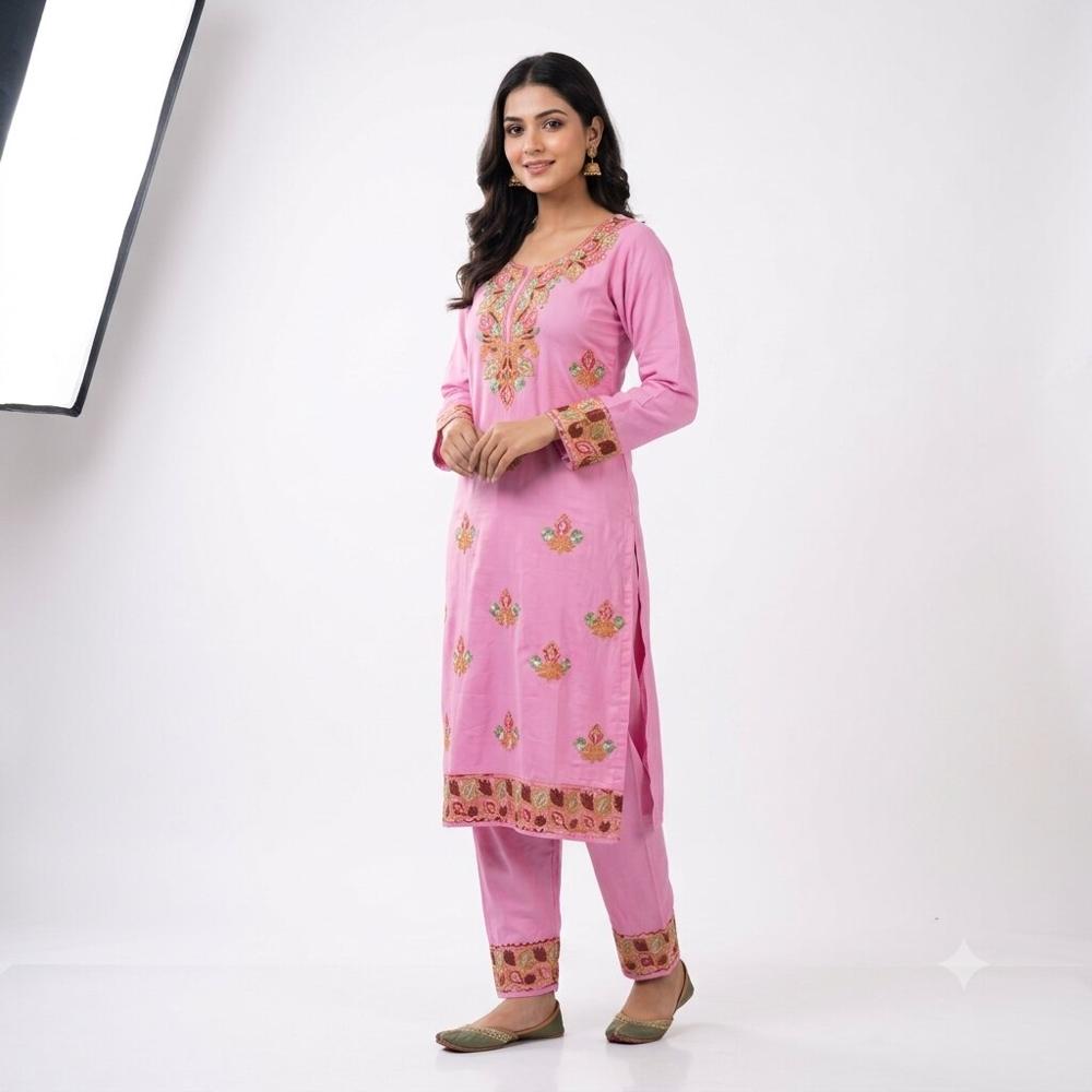Pretty Pink Floral Embroidered Kurta Pant Set