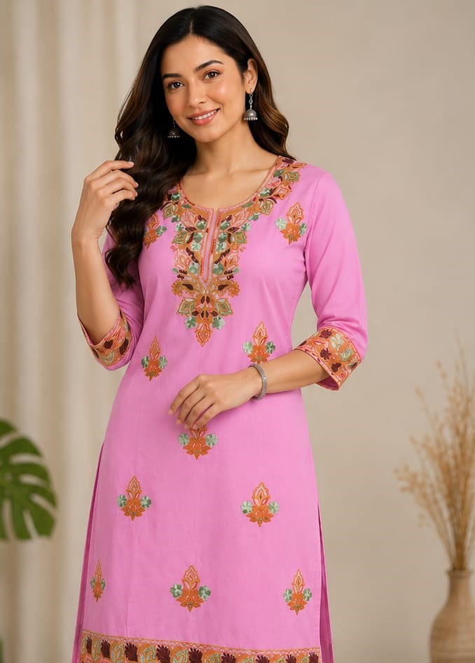 Pretty Pink Floral Embroidered Kurta Pant Set