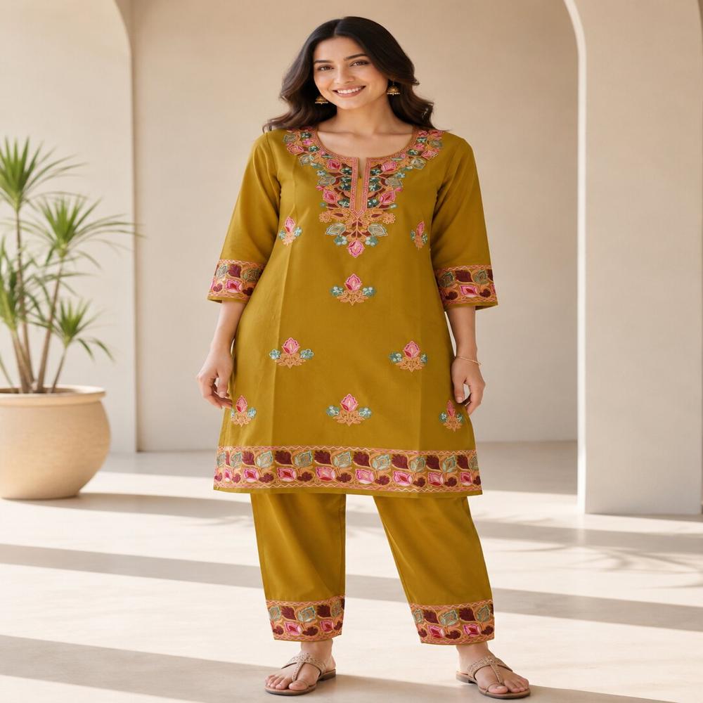 Mustard Yellow Floral Embroidered Kurta Pant Set