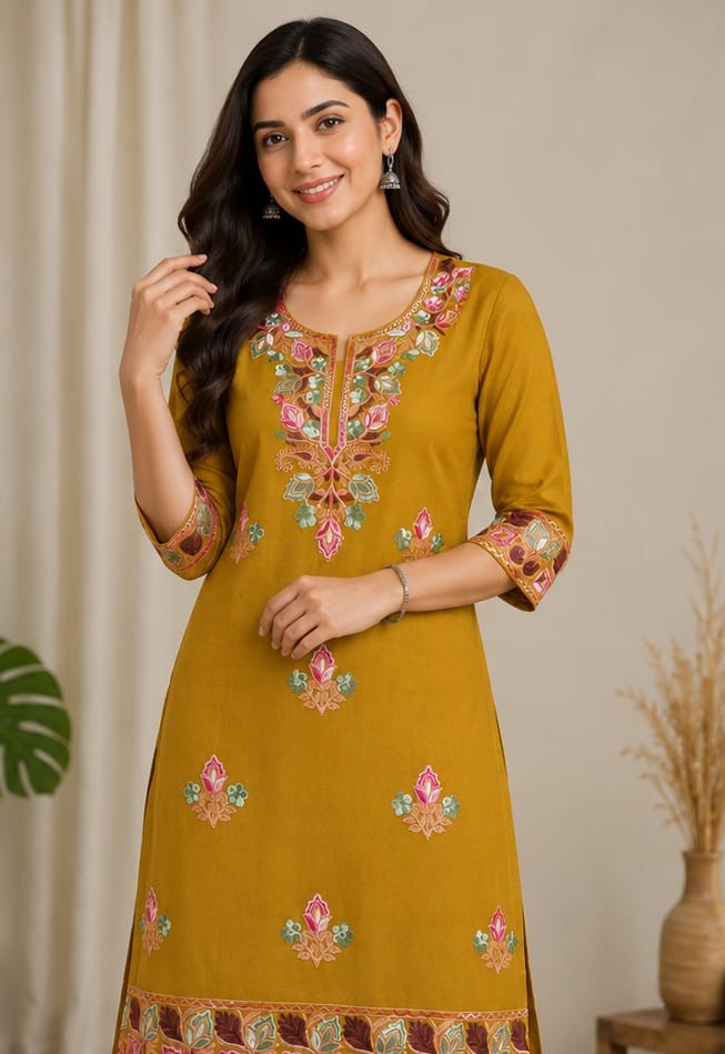 Mustard Yellow Floral Embroidered Kurta Pant Set