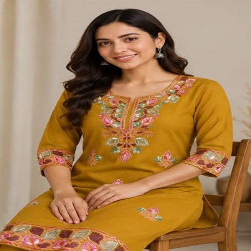 Mustard Yellow Floral Embroidered Kurta Pant Set