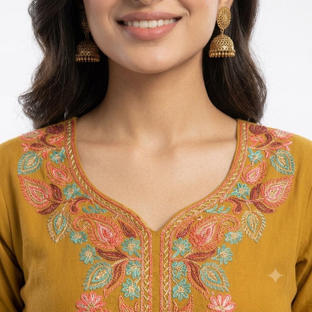 Mustard Yellow Floral Embroidered Kurta Pant Set