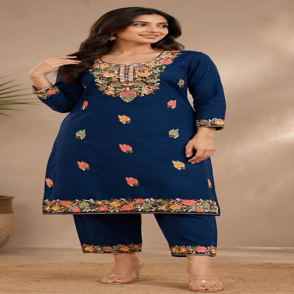 Navy Blue Floral Embroidered Kurta Pant Set