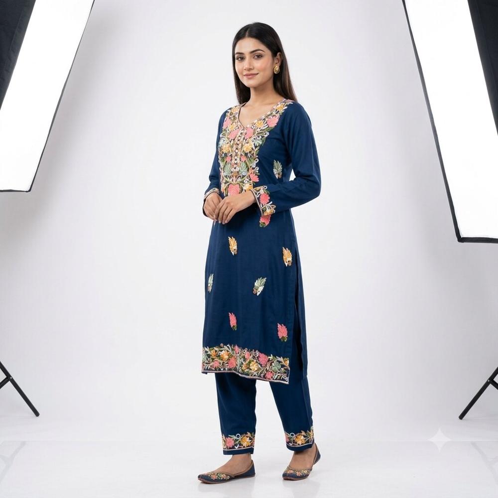 Navy Blue Floral Embroidered Kurta Pant Set