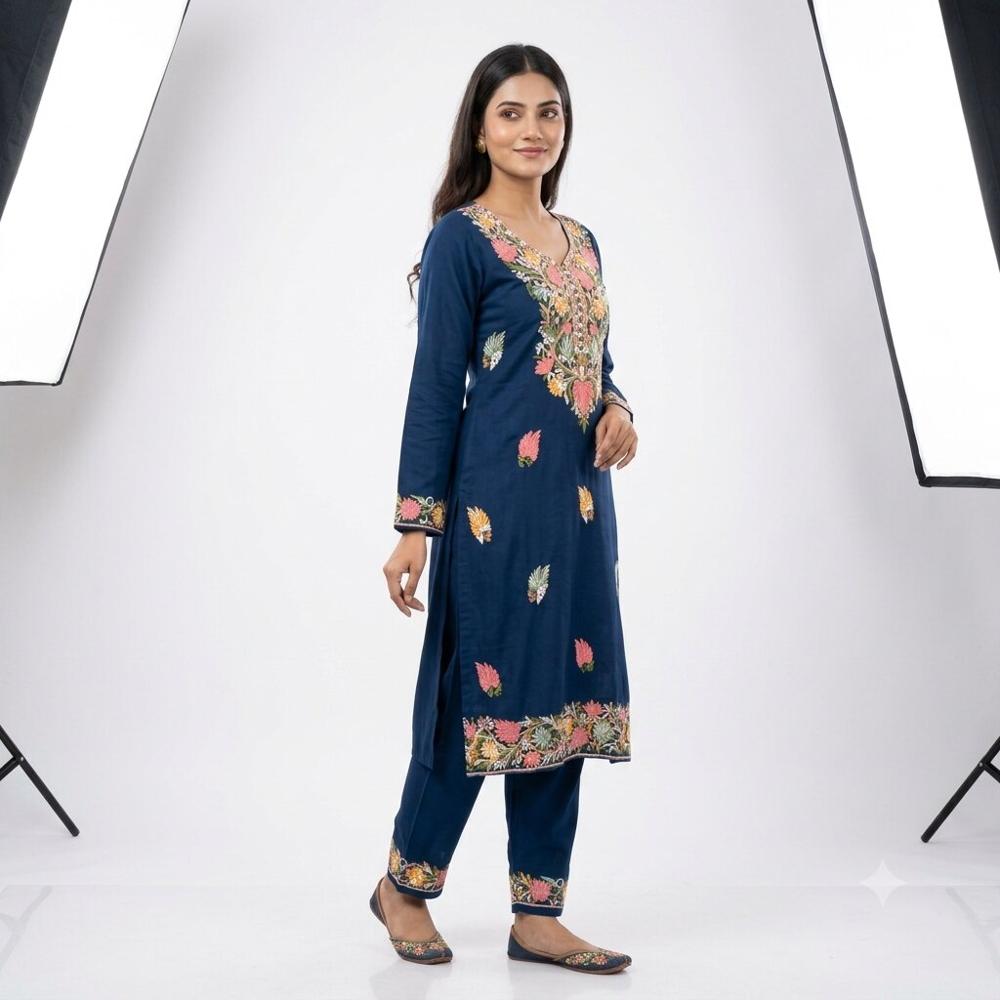Navy Blue Floral Embroidered Kurta Pant Set