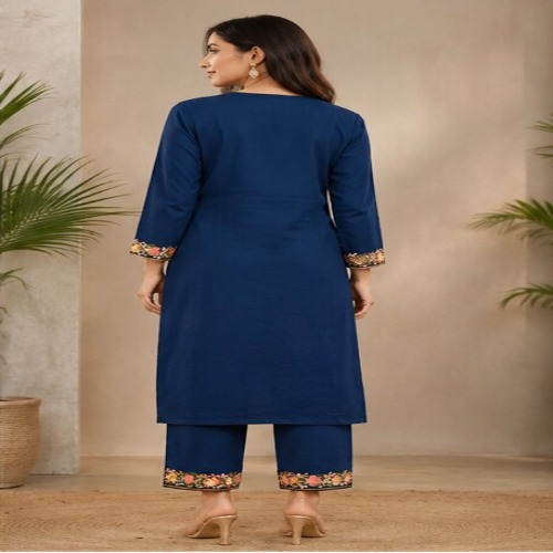 Navy Blue Floral Embroidered Kurta Pant Set