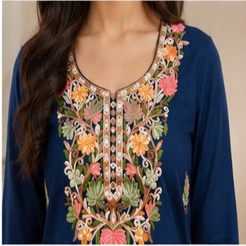 Navy Blue Floral Embroidered Kurta Pant Set