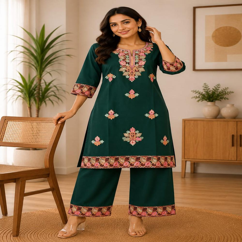 Elegant Bottle Green Floral Embroidered Kurta Pant Set - Bust Size: 40