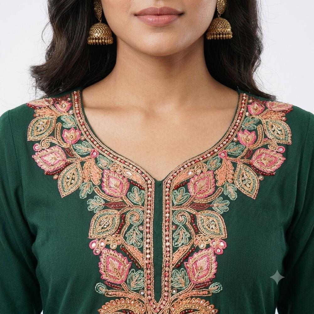 Elegant Bottle Green Floral Embroidered Kurta Pant Set